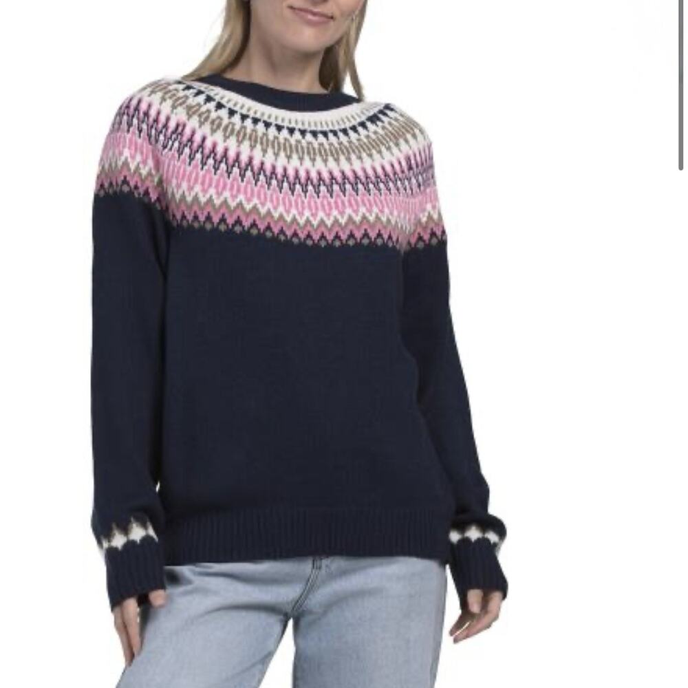 Preppy Pull Over Crew Neck Nordic Fair Isle Sweater by Erika Navy Multi PM NWT